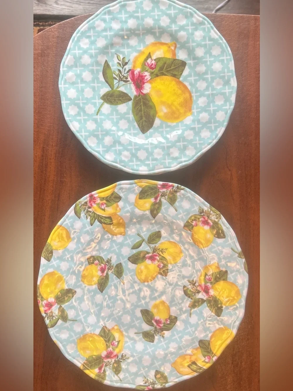 Shabby Chic Melamine Lemon Floral Plate Set of 8 Dinner & Salad Yellow Grn Blue